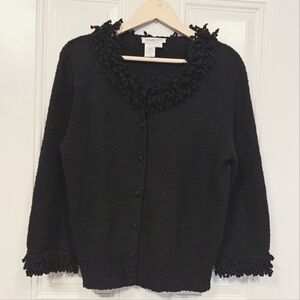 Cold water creek women cotton knit fringe  button front black cardigan size L